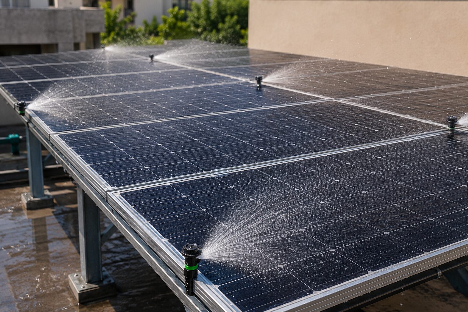 Automatic solar panel cleaning system running on a home rooftop in Karachi – Mukhlis Fertigo