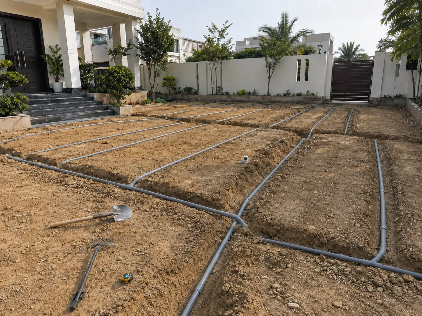 Irrigation lines laid before turf during landscaping in Karachi – Mukhlis Fertigo